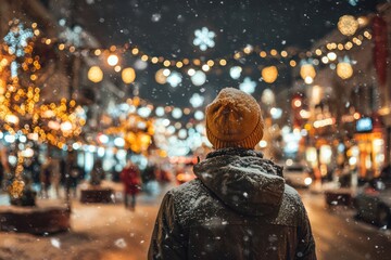 Obraz premium Snowy Christmas evening in a bright city
