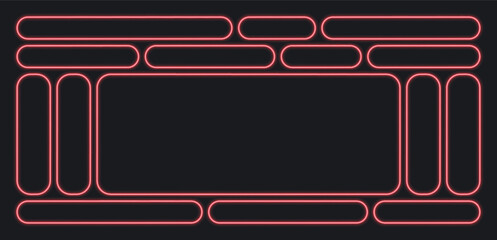 Obraz premium Neon button call action frame with light effect isolated on dark bg. Hud game frame box with glow, red neon pill shape for web or mobile ux, vector illustration. Different shape neon banner set.