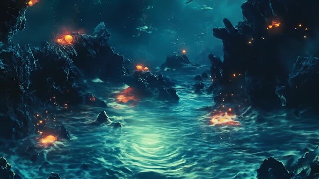 Mysterious underwater cave with glowing lights and dark rocky formations