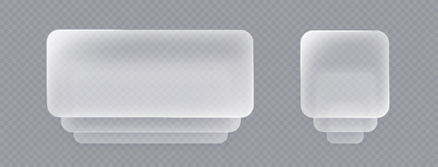 Liquid glass push button on transparent, 3d light frame banner set, glass panel for mobile and web app, tech board frame in futuristic style. Light banner stack with glow effect, vector illustration.