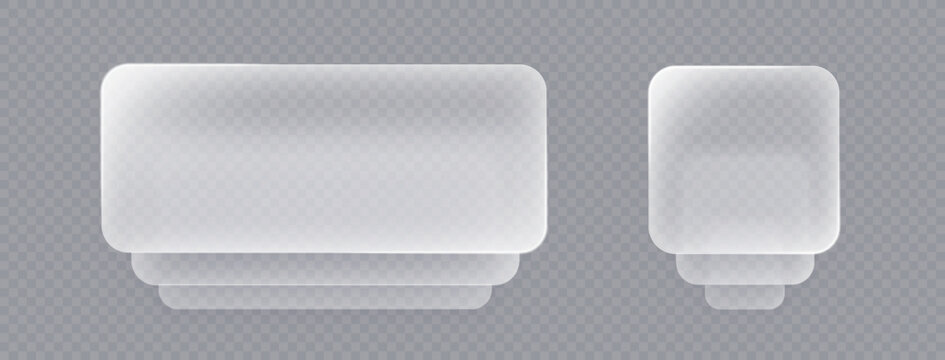 Liquid glass push button on transparent, 3d light frame banner set, glass panel for mobile and web app, tech board frame in futuristic style. Light banner stack with glow effect, vector illustration.