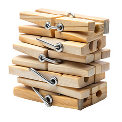 Stack of Wooden Clothespins with Metal Springs: Eco-Friendly Laundry Essentials, Isolated on White Background.png