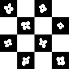 Seamless black and white pattern with checkered plaid and doodle flowers on black squares, geometric pattern for fabric, paper © Senaysky