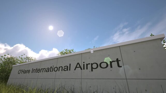 Departures at Chicago O Hare International Airport with airplane leaving overhead, Chicago, United States