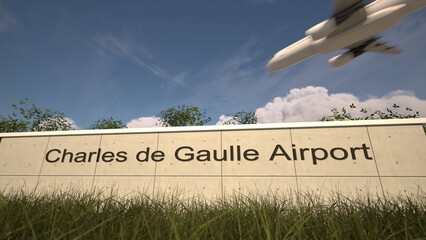 Arrivals at Charles de Gaulle Airport with airplane landing near terminal, Paris, France 3D rendering