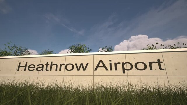 Arrivals at London Heathrow Airport with airplane landing near terminal, London, United Kingdom