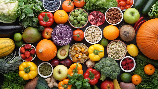 Healthy eating ingredients: fresh vegetables, fruits and superfood. Clean eating and detox. Nutrition, diet, vegan food.