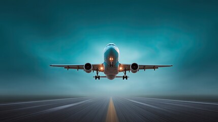 Naklejka premium Airplane Approaching Takeoff Amidst Dramatic Sky on Runway Ready for Departure at Dusk with Vibrant Clouds and Clear Horizon