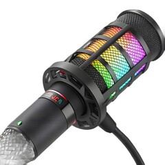 Gaming Microphone with RGB lighting, side view, detailed textured grip, macro shot, isolated on white background