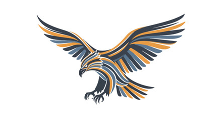 Obraz premium Illustration of a flying eagle with blue and orange stripes on its feathers against a white background.
