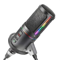 Gaming Microphone with RGB lighting, side view, detailed textured grip, macro shot, isolated on white background