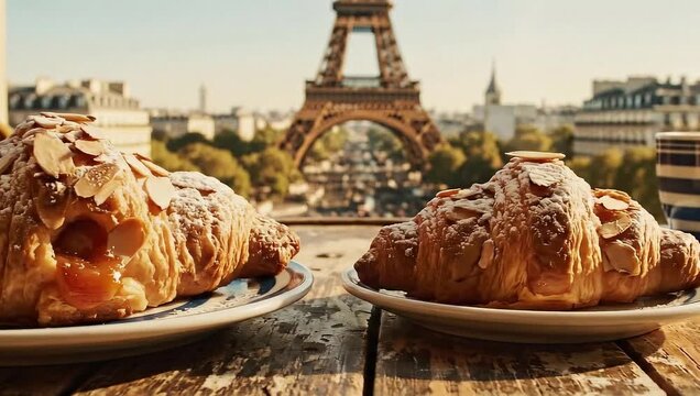 Delicious Almond Croissants on a Table with Eiffel Tower View in Paris.