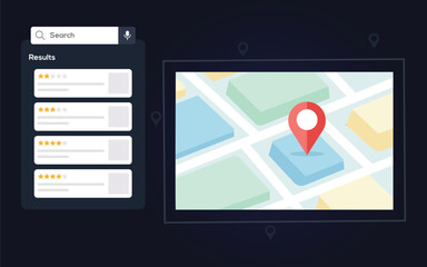 Location Search App Interface with Map Pin and Rating System Vector Illustration