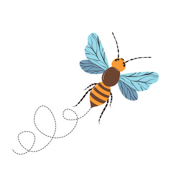 Cartoon bee mascot. A small bees flies. Wasp collection. Vector characters. Incest icon. Template design for invitation, cards. Doodle style.