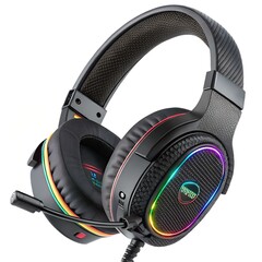 Gaming Headphone with RGB lighting, side view, detailed textured grip, macro shot, isolated on white background