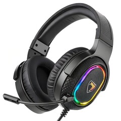 Gaming Headphone with RGB lighting, side view, detailed textured grip, macro shot, isolated on white background