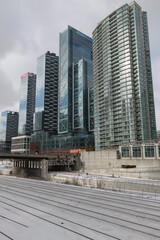 Naklejka premium King West Village, or the multi-unit, mixed-use complex with The Well, a shopping mall, facing Front St W (between Bathurst and Spadina), viewed from Iceboat Terrace, Toronto