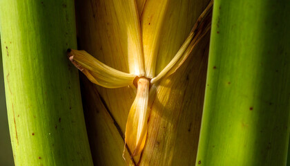Close Up Macro Shot of Green and Yellow Bamboo Stalks with Natural Lighting Capturing Detailed Texture and Fibers of Plant Life in a Tropical Forest Setting