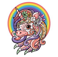 Fototapeta premium Magical Unicorn Head and Rainbow: A whimsical unicorn head, adorned with vibrant flowers and intricate patterns, is set against a cheerful rainbow, creating a scene filled with enchantment.