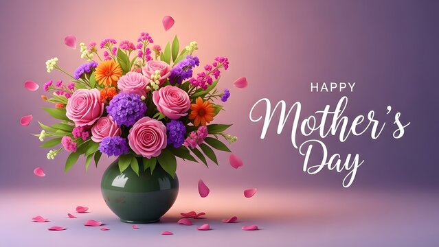 Happy mother's day bouquet of colorful flowers in green vase with petals