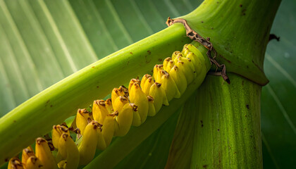Close-up of a Bright Green Banana Tree Stalk with a Developing Bunch of Small Yellow Bananas and Large Leafy Green Foliage in Soft Natural Sunlight