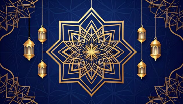 Minimalist Ramadan Background with Central Gold Octagonal Star and Lanterns