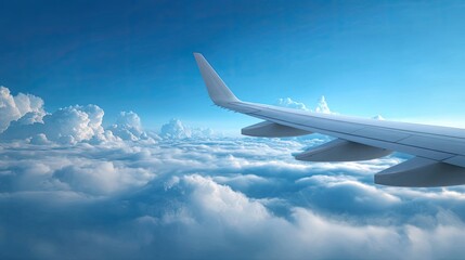 Obraz premium Serene Airplane Wing Over Fluffy Clouds Under Bright Blue Sky During Daylight with Beautiful Scenery and Tranquil Atmosphere Captured from a Window Seat