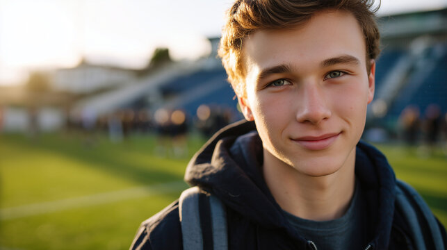 Faceless adolescent boy smiling at an outdoor sporting field, casual sportswear, warm sunlight illuminating shoulders, green field and distant bleachers softly blurred, positive yo