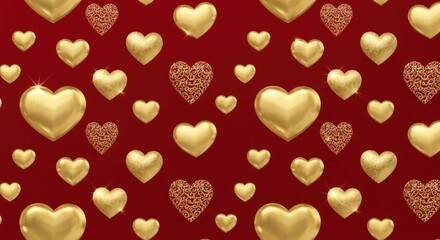 Naklejka premium Golden Hearts on Red Background Pattern.