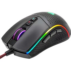 Gaming mouse with RGB lighting, side view, detailed textured grip, macro shot, isolated on white background