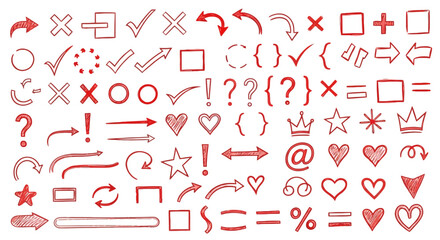 Collection of Red Hand-Drawn Vector Elements: Arrows, Checks, Hearts, and Symbols