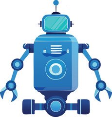 Fototapeta premium A friendly blue cartoon robot with a screen head, antenna, pincer arms, and a wheeled base, depicted in a modern digital art style.