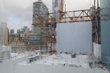 Naklejka premium view through condensation at the Art Gallery of Ontario to the Dani Reiss Modern and Contemporary Gallery under construction on McCaul St, Toronto