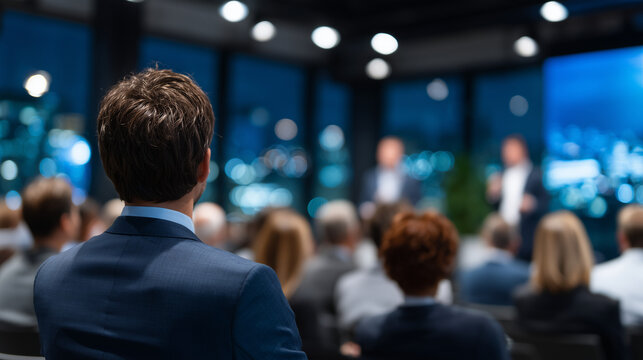 Corporate conference forum with audience and presenters, investor pitch or sales strategy speech on stage, engaged professionals listening, sleek modern venue with branded visuals,