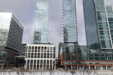 Naklejka premium King West Village, or the multi-unit, mixed-use complex with The Well, a shopping mall, facing Front St W (between Bathurst and Spadina), viewed from Iceboat Terrace, Toronto