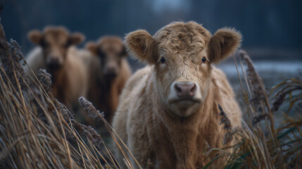 Fototapeta premium Faceless cattle standing in pasture during winter, farmer tending livestock and providing feed, frosty grass field and muted countryside tones, ethical animal husbandry and sustain