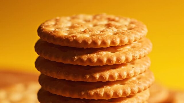 Stack of Salted Round Crackers on Yellow Background