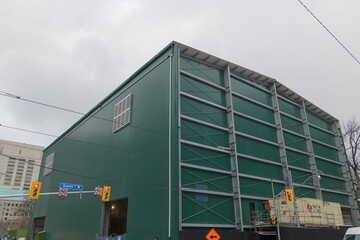 Naklejka premium Metrolinx construction shed over the future Ontario Line Osgoode Station, at northeast corner of Queen St W and University Av, Toronto