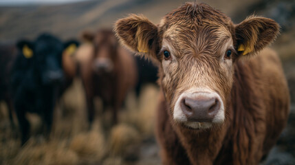 Faceless cows clustered in rural pasture, farmer providing feed in winter conditions, muted countryside colors, responsible livestock raising and animal welfare concept
