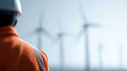 Engineer working at renewable wind energy farm, sustainable industry and clean power