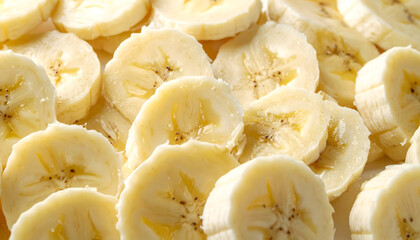 Close up shot of sliced ripe yellow bananas with visible seeds arranged in a scattered pattern under soft natural light creating a healthy food background