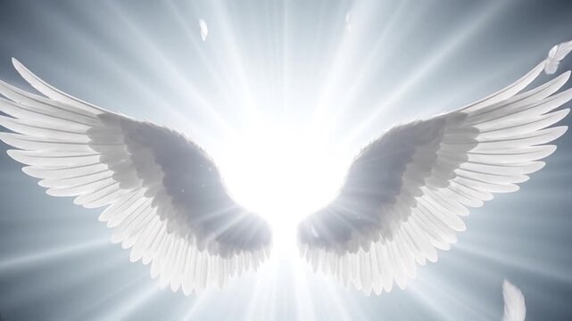 A pair of translucent angel wings slowly unfold in the shining white light, soft feathers floating in the air, creating a heavenly glow