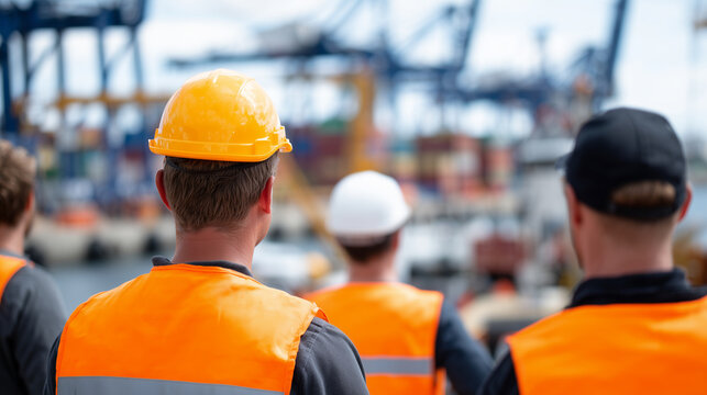 Group of faceless construction workers during safety orientation, industrial meeting outdoors on building site, professional coordination and training environment, cranes and concr