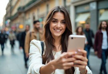 Young Woman Smiling While Taking Selfie on a Busy City Street