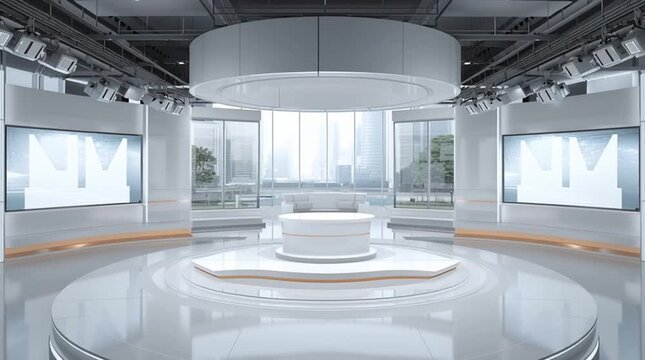 Minimalist news studio with neutral branding colors and clean design. Empty background with ample copy space for text overlay, ideal for broadcast graphics and media presentations.
