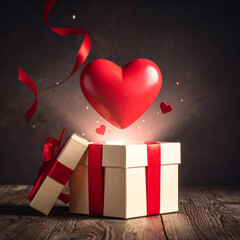 Festive Beige Gift Box with Red Ribbon and Glowing Heart Surrounded by Sparkles, Floating Red Hearts, and Ribbon Curls on Wooden Surface