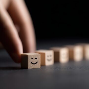 Hand choosing smile face from emotion blocks, positive feedback and satisfaction survey concept