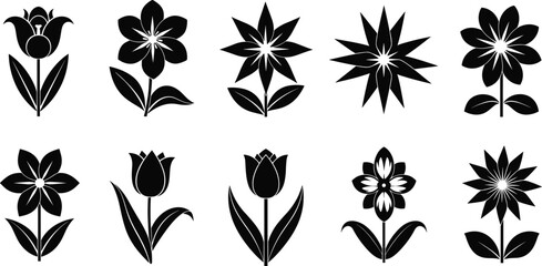 Black Minimalist Flower Silhouette Vector Icons Set Featuring Elegant Tulip Daisy and Floral Botanical Outlines for Nature Logo Design Decorative Graphics and Pattern Elements