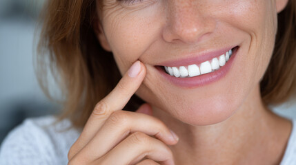 Fototapeta premium Close-up of faceless woman showing perfect white teeth, subtle smile, fingers near cheek highlighting confident expression, bright neutral background, stomatology healthcare concep