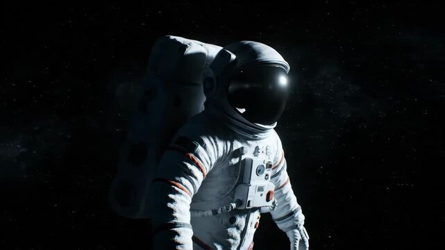 Astronaut in space suit walking in the dark, exploring the unknown universe.